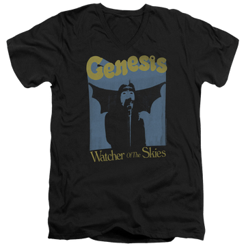 Black men's v-neck t-shirt with Genesis Watcher Of The Skies graphic