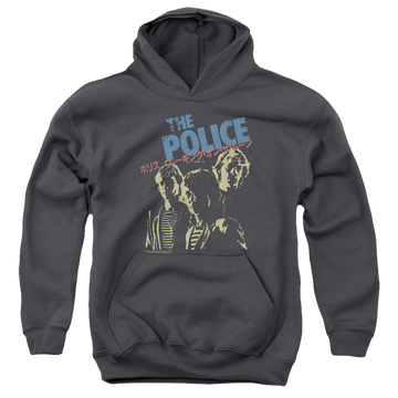 Charcoal youth hoodie for ages 8 to 12 with The Police Japanese Poster graphic