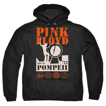 Black pullover hoodie with Pink Floyd Pompeii graphic