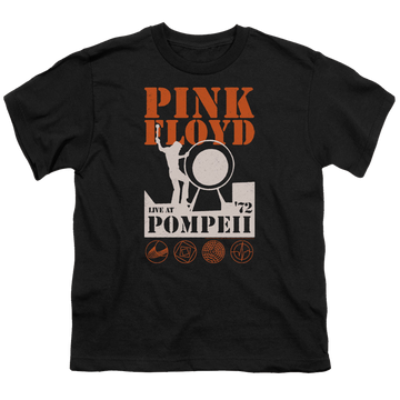 Black youth t-shirt for ages 8 to 12 with Pink Floyd Pompeii graphic