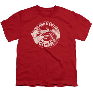 Red youth t-shirt for ages 8 to 12 with Pink Floyd Just A Cigar graphic