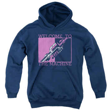 Navy youth hoodie for ages 8 to 12 with Pink Floyd Welcome To The Machine graphic