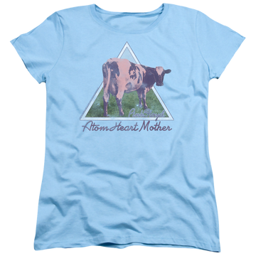 Light blue women's t-shirt with Pink Floyd Atom Mother Heart Pyramid graphic