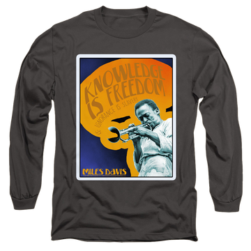 Charcoal men's long sleeve t-shirt with Miles Davis Knowledge And Ignorance graphic
