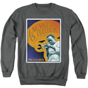 Charcoal men's crewneck sweatshirt with Miles Davis Knowledge And Ignorance graphic