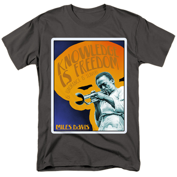 Charcoal men's regular fit t-shirt with Miles Davis Knowledge And Ignorance graphic
