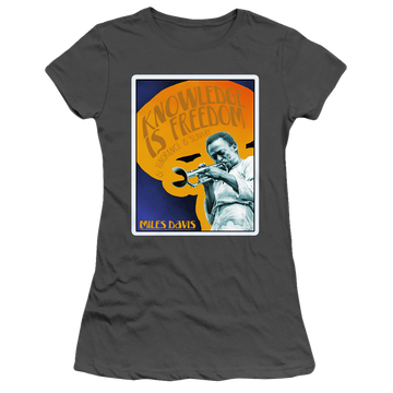 Charcoal juniors t-shirt with Miles Davis Knowledge And Ignorance graphic