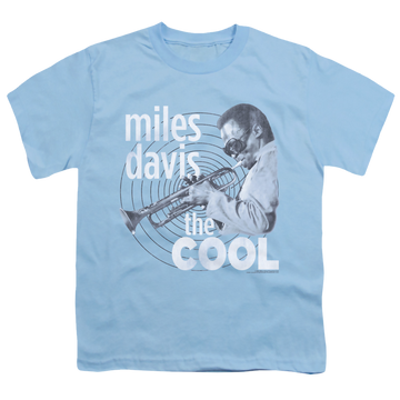 Light blue youth t-shirt for ages 8 to 12 with Miles Davis The Cool graphic