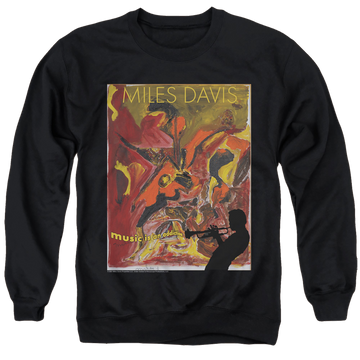 Black men's crewneck sweatshirt with Miles Davis Music Is An Addiction graphic
