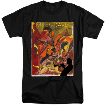 Black men's tall fit t-shirt with Miles Davis Music Is An Addiction graphic