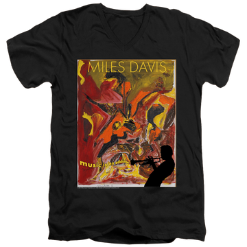 Black men's v-neck t-shirt with Miles Davis Music Is An Addiction graphic
