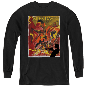 Black youth long sleeve t-shirt with Miles Davis Music Is An Addiction graphic