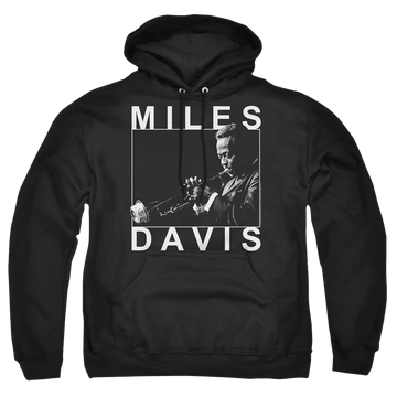 Black pullover hoodie with Miles Davis Monochrome graphic