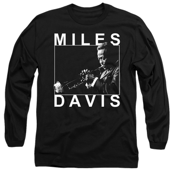 Black men's long sleeve t-shirt with Miles Davis Monochrome graphic