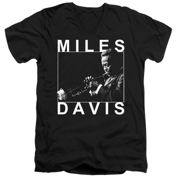 Black men's v-neck t-shirt with Miles Davis Monochrome graphic