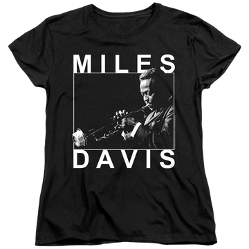 Black women's t-shirt with Miles Davis Monochrome graphic