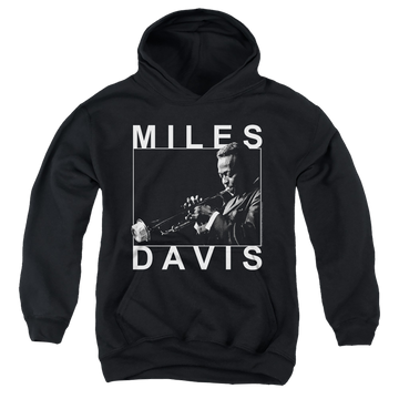 Black youth hoodie for ages 8 to 12 with Miles Davis Monochrome graphic