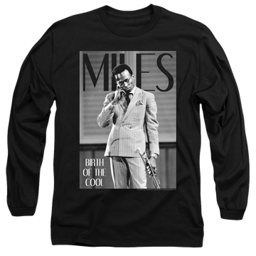 Black men's long sleeve t-shirt with Miles Davis Simply Cool graphic