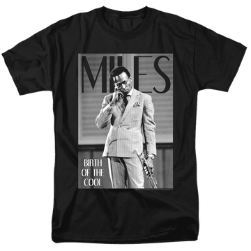 Black men's regular fit t-shirt with Miles Davis Simply Cool graphic