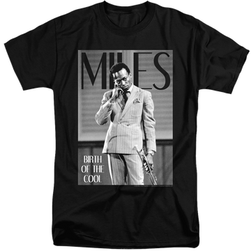 Black men's tall fit t-shirt with Miles Davis Simply Cool graphic