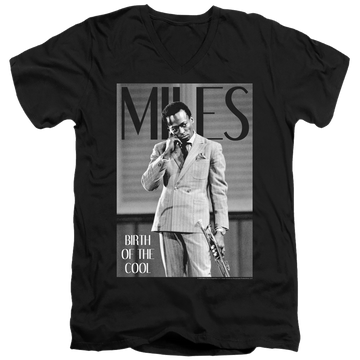 Black men's v-neck t-shirt with Miles Davis Simply Cool graphic