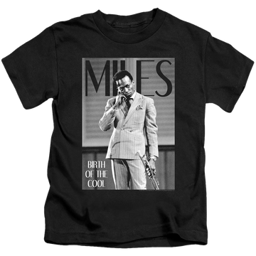 Black kid's t-shirt for ages 4 to 7 with Miles Davis Simply Cool graphic