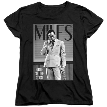 Black women's t-shirt with Miles Davis Simply Cool graphic