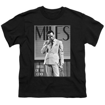Black youth t-shirt for ages 8 to 12 with Miles Davis Simply Cool graphic