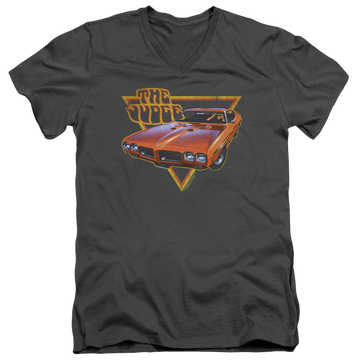Charcoal men's v-neck t-shirt with Pontiac Judged graphic