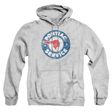 Athletic heather pullover hoodie with Vintage Pontiac Service graphic