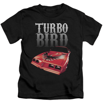 Black kid's t-shirt for ages 4 to 7 with Pontiac Turbo Bird graphic