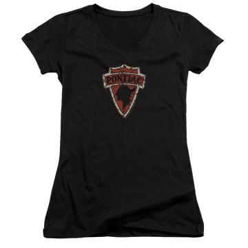 Black juniors v-neck t-shirt with Early Pontiac Arrowhead graphic