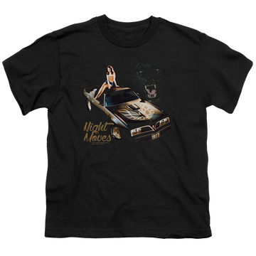 Black youth t-shirt for ages 8 to 12 with Pontiac Chevrolet Night Moves graphic