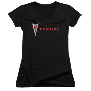 Black juniors v-neck t-shirt with Modern Pontiac Arrowhead graphic