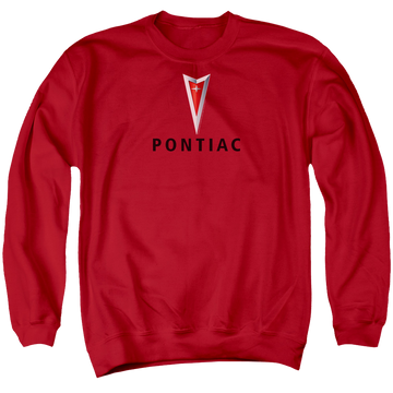 Red men's crewneck sweatshirt with Pontiac Centered Arrowhead graphic