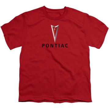Red youth t-shirt for ages 8 to 12 with Pontiac Centered Arrowhead graphic