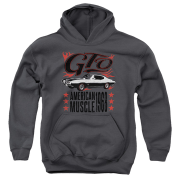 Charcoal youth hoodie for ages 8 to 12 with Pontiac Gto Flames graphic