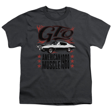 Charcoal youth t-shirt for ages 8 to 12 with Pontiac Gto Flames graphic