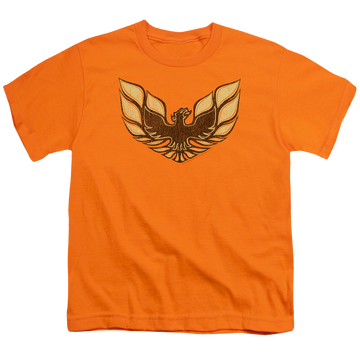 Orange youth t-shirt for ages 8 to 12 with Pontiac Ross 1975 Bird graphic