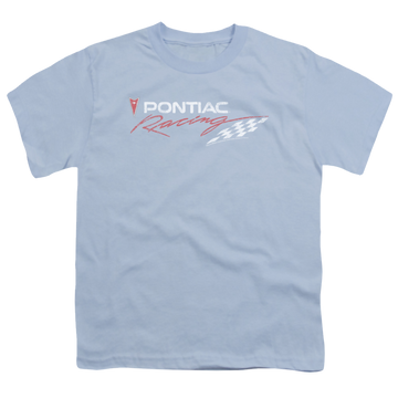 Light blue youth t-shirt for ages 8 to 12 with Pontiac Racing Rough Hewn graphic