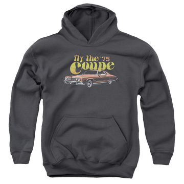 Charcoal youth hoodie for ages 8 to 12 with Pontiac Fly The Coupe graphic
