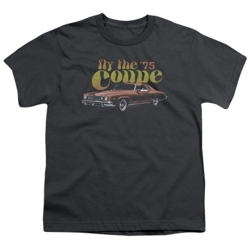 Charcoal youth t-shirt for ages 8 to 12 with Pontiac Fly The Coupe graphic