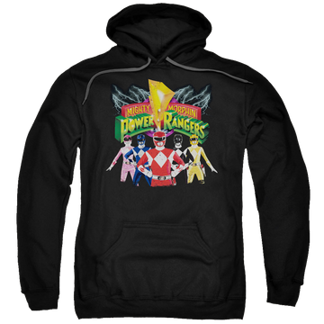 Black pullover hoodie with Mighty Morphin Power Rangers Rangers Unite graphic