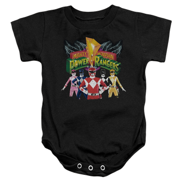 Black baby bodysuit with Mighty Morphin Power Rangers Rangers Unite graphic