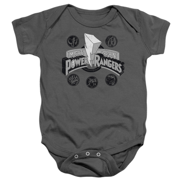 Charcoal baby bodysuit with Mighty Morphin Power Rangers Power Coins graphic