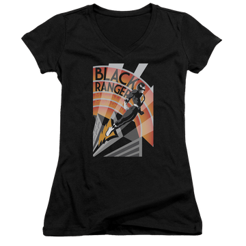 Mighty Morphin Power Rangers Black Ranger Deco - Juniors V-Neck T-Shirt Juniors V-Neck T-Shirt Power Rangers