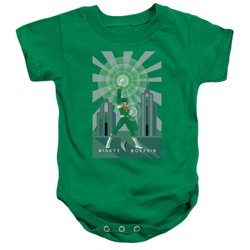 Kelly green baby bodysuit with Mighty Morphin Power Rangers Green Ranger Deco graphic