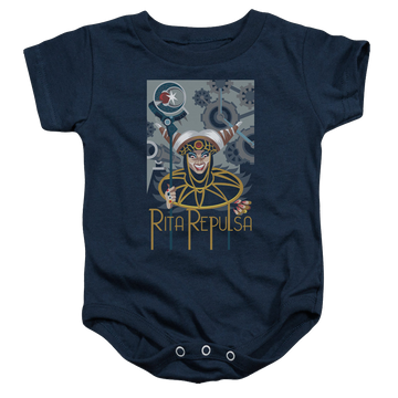 Navy baby bodysuit with Mighty Morphin Power Rangers Rita Deco graphic