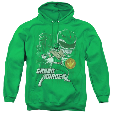 Kelly green pullover hoodie with Mighty Morphin Power Rangers Green Ranger graphic