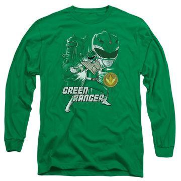 Kelly green men's long sleeve t-shirt with Mighty Morphin Power Rangers Green Ranger graphic